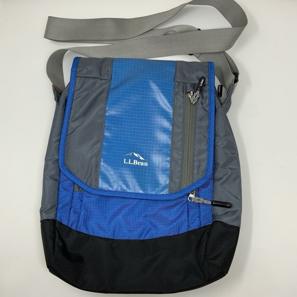 LL Bean Messenger Crossbody Bag Tablet Field Rip Stop Travel Blue Gray Black